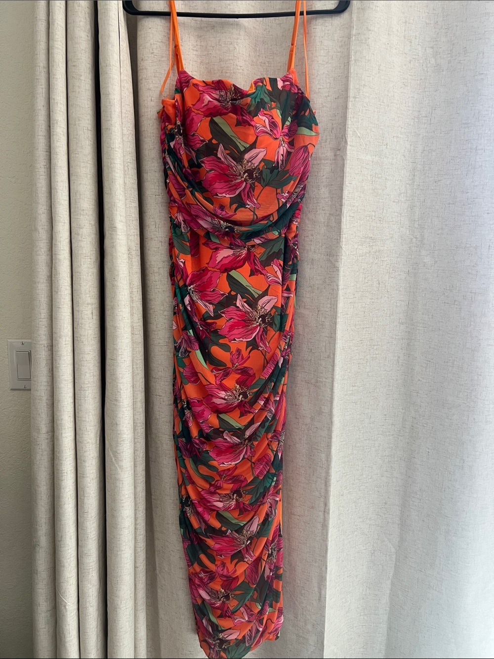 Express Orange Floral Ruched Maxi Dress with Pink Accents